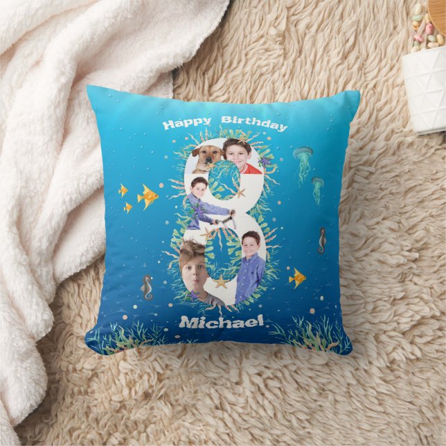 Big 8th Birthday Photo Collage Under The Sea Throw Pillow (Blanket)