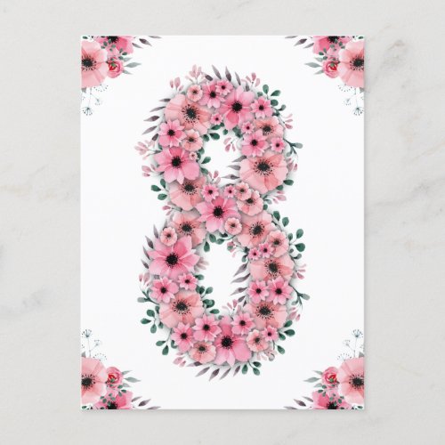 Big 8th Birthday Pink Flowers Girl Green Foliage Postcard