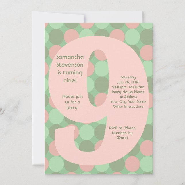 Big 9 Birthday Party Invitations, Pink and Green Invitation (Front)