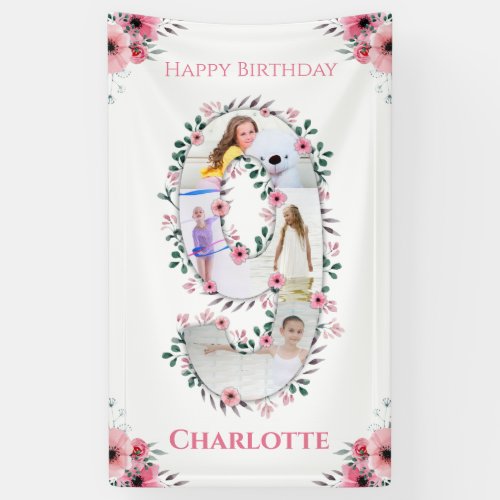 Big 9th Birthday Girl Photo Collage Pink Flower Banner