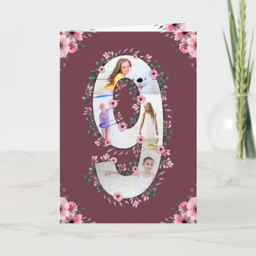 Big 9th Birthday Girl Photo Collage Pink Flower Card