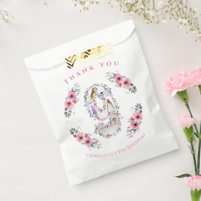 Big 9th Birthday Girl Photo Collage Pink Flower Favor Bag (Sealed)