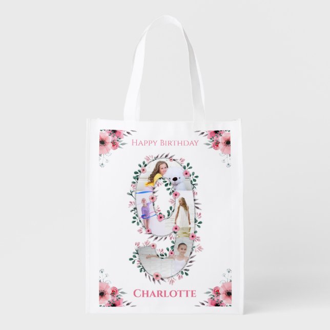 Big 9th Birthday Girl Photo Collage Pink Flower Grocery Bag (Front)