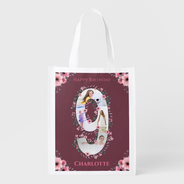 Big 9th Birthday Girl Photo Collage Pink Flower Grocery Bag (Front)