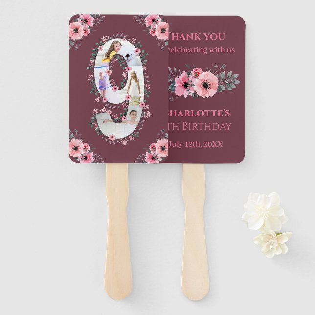 Big 9th Birthday Girl Photo Collage Pink Flower Hand Fan (Front and Back)