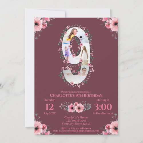 Big 9th Birthday Girl Photo Collage Pink Flower Invitation