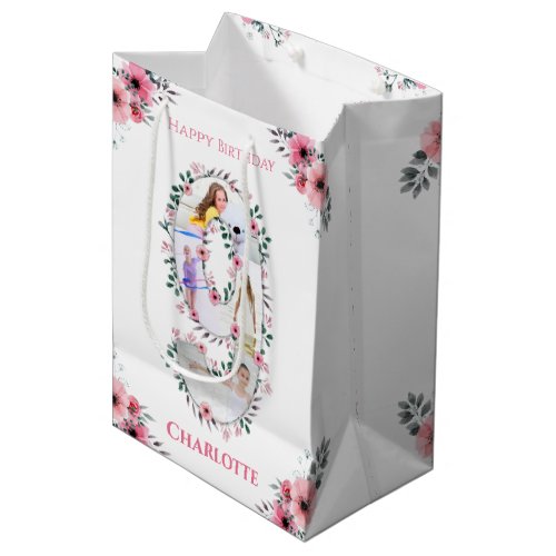 Big 9th Birthday Girl Photo Collage Pink Flower Medium Gift Bag