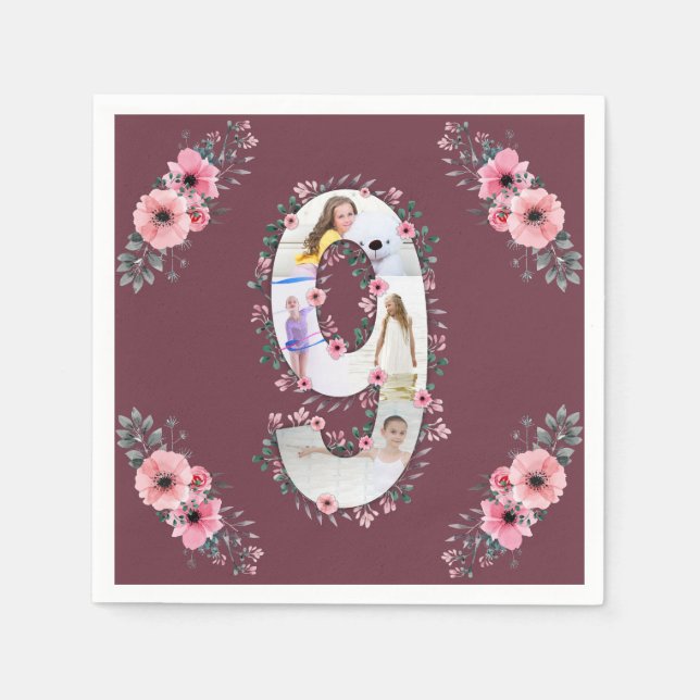 Big 9th Birthday Girl Photo Collage Pink Flower Napkins (Front)