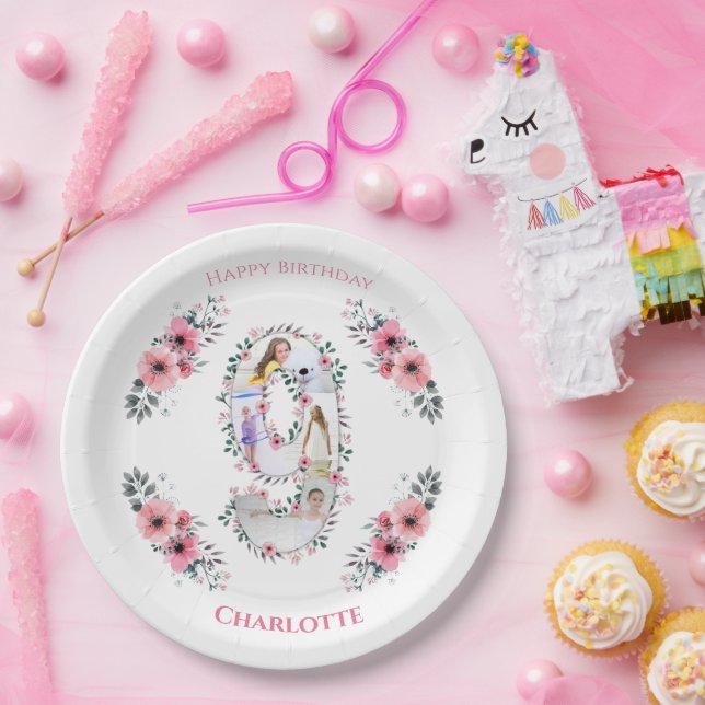 Big 9th Birthday Girl Photo Collage Pink Flower Paper Plates (Party)
