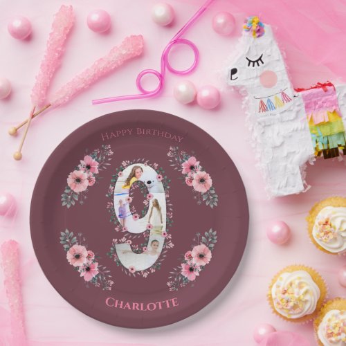 Big 9th Birthday Girl Photo Collage Pink Flower Paper Plates