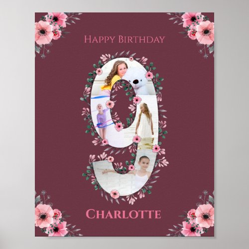 Big 9th Birthday Girl Photo Collage Pink Flower Poster