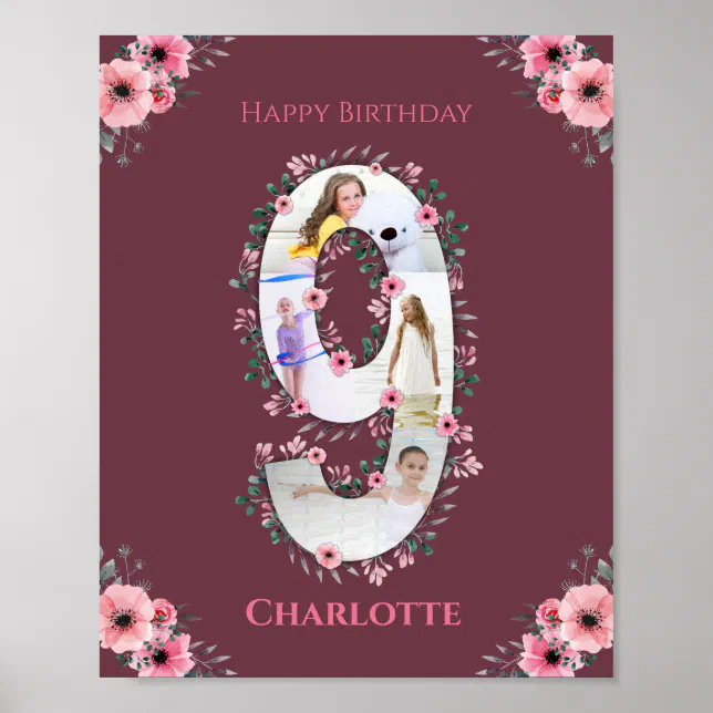 Big 9th Birthday Girl Photo Collage Pink Flower Poster | Zazzle