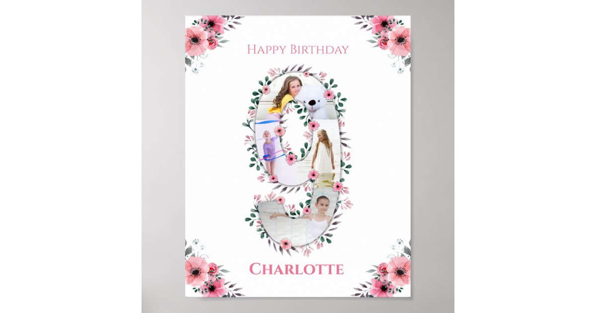 Big 9th Birthday Girl Photo Collage Pink Flower Poster | Zazzle