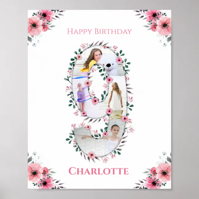 Big 9th Birthday Girl Photo Collage Pink Flower Poster | Zazzle