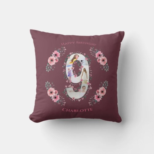 Big 9th Birthday Girl Photo Collage Pink Flower Throw Pillow