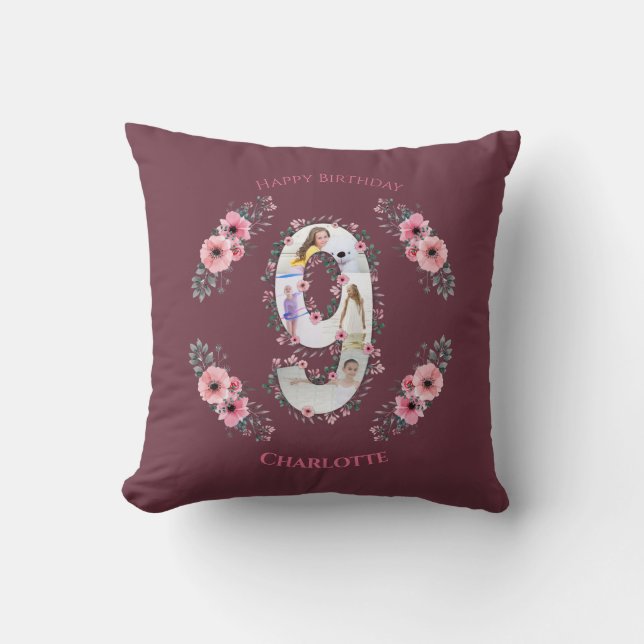 Big 9th Birthday Girl Photo Collage Pink Flower Throw Pillow (Front)