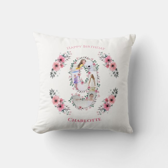 Big 9th Birthday Girl Photo Collage Pink Flower Throw Pillow (Front)