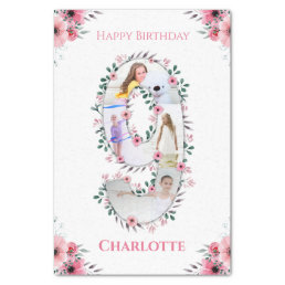Big 9th Birthday Girl Photo Collage Pink Flower Tissue Paper