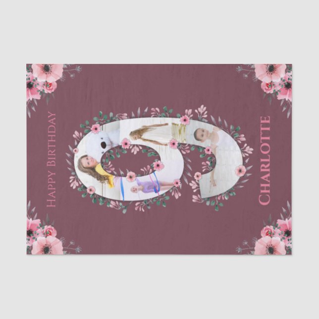 Big 9th Birthday Girl Photo Collage Pink Flower Tissue Paper (Front)
