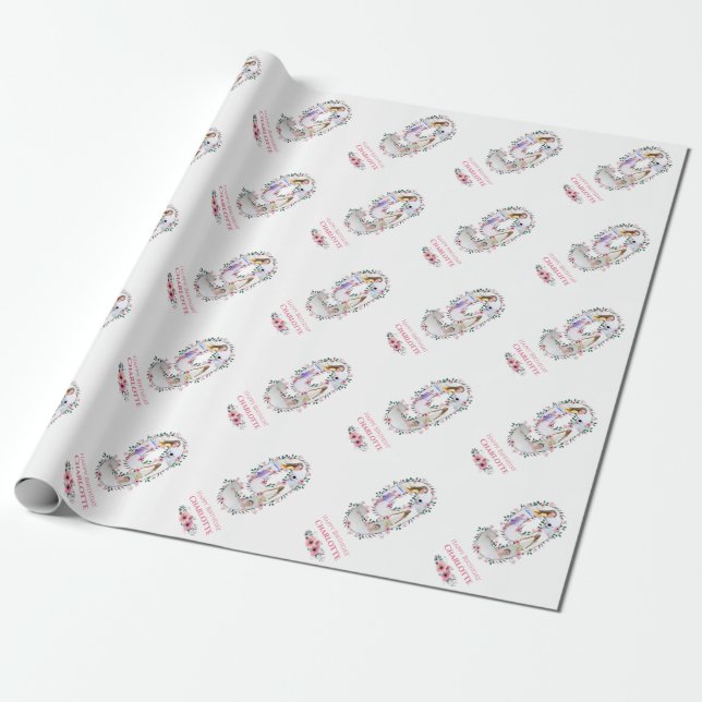 Big 9th Birthday Girl Photo Collage Pink Flower Wrapping Paper (Unrolled)