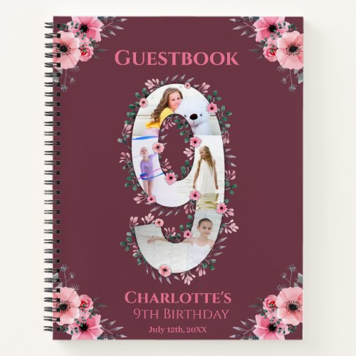 Big 9th Birthday Girl Photo Pink Flower Guest Book