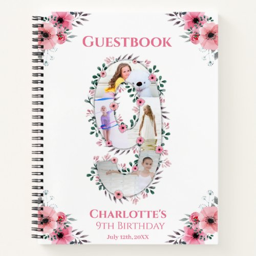 Big 9th Birthday Girl Photo Pink Flower Guest Book
