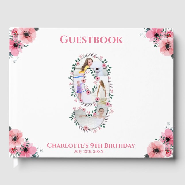 Big 9th Birthday Photo Collage Flower Girl White Guest Book (Front)