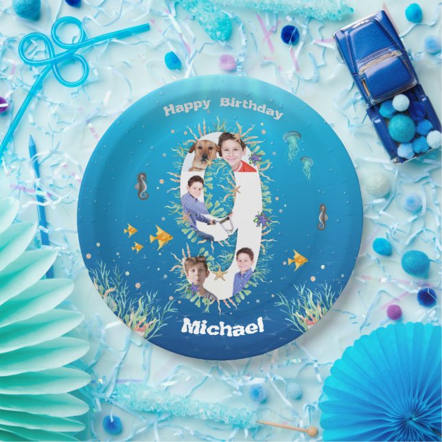 Big 9th Birthday Photo Collage Under The Sea Paper Plates (Party)