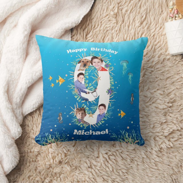 Big 9th Birthday Photo Collage Under The Sea Throw Pillow (Blanket)