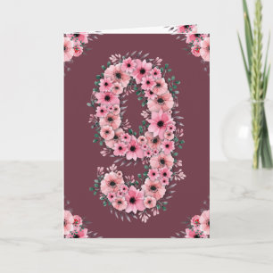 Big 9th Birthday Pink Flowers Green Foliage Girl Card