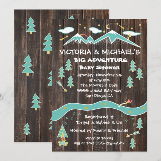 Big adventure rustic mountain folk art baby shower invitation (Front/Back)