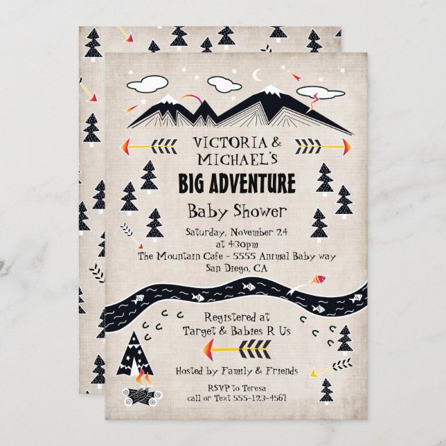 Big adventure rustic mountain tribal baby shower invitation (Front/Back)