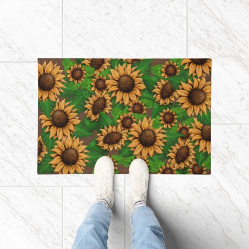 Big and Beautiful Sunflowers Pattern Burlap Brown Doormat