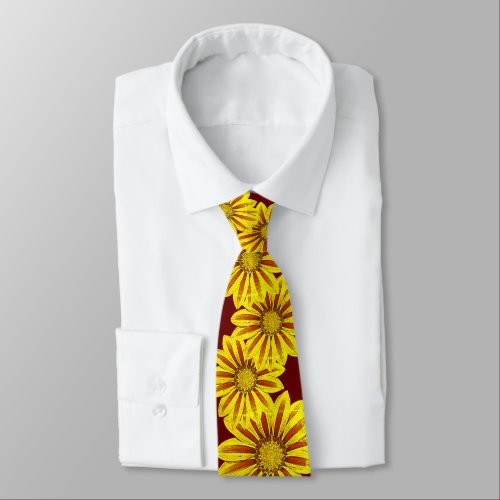 big and bold red and yellow striped daisy flowers neck tie