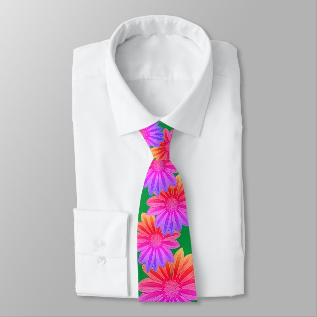 big and bright colorful striped daisy flowers neck tie (Tied)