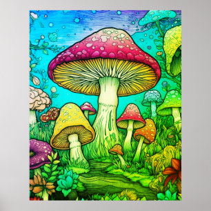 Big and Small Mushrooms Black Background On a Wall Poster