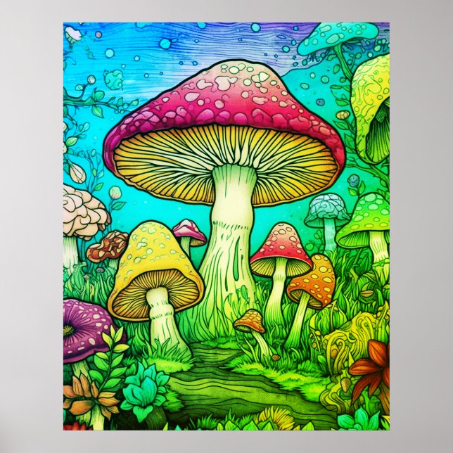 Big and Small Mushrooms Black Background On a Wall Poster (Front)
