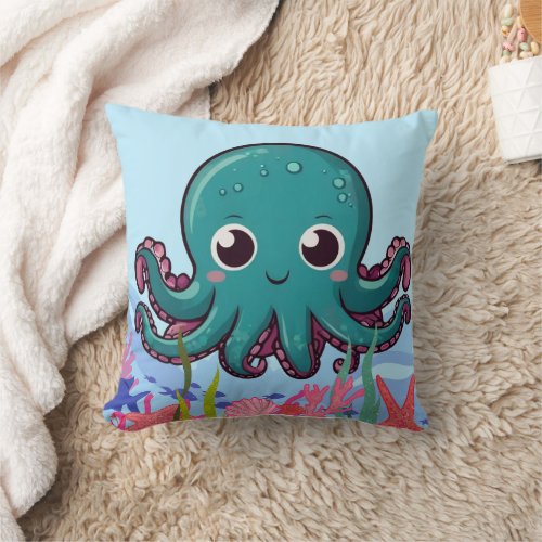  Big Baby Kawaii Blue Octopus Throw Pillow