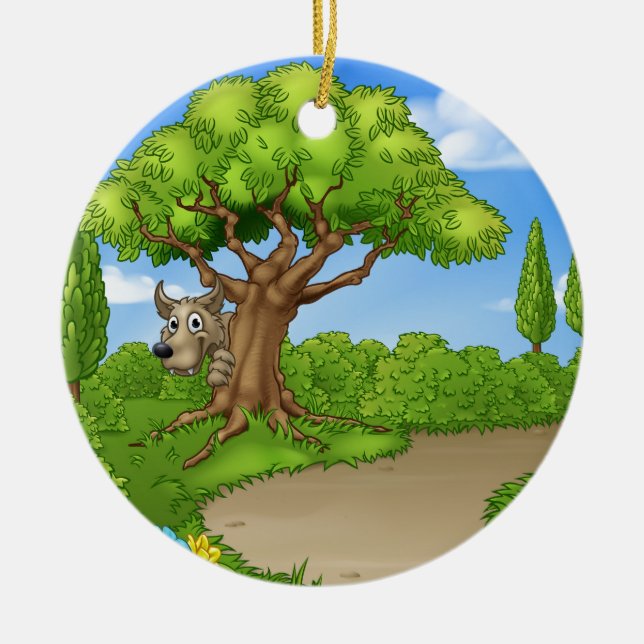 Big Bad Wolf Peeking From Tree Ceramic Ornament (Front)