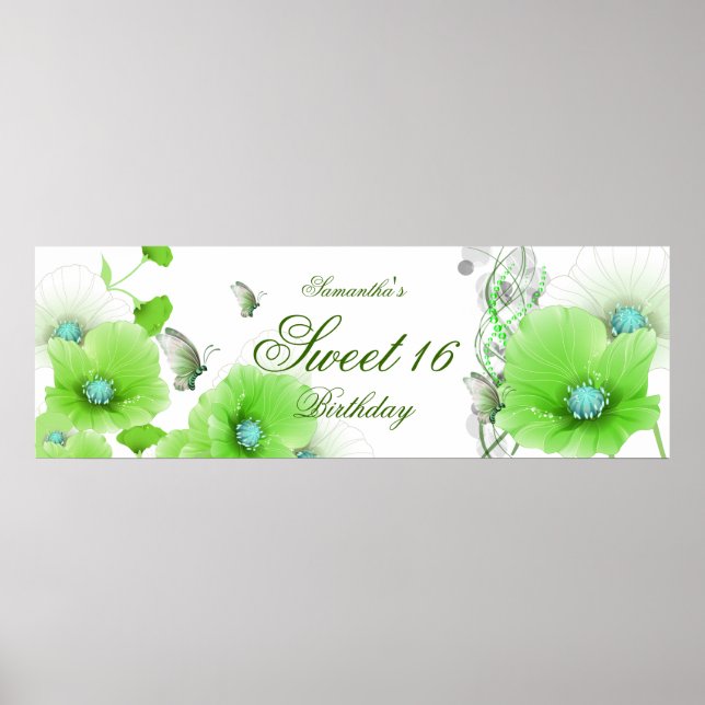 big Banner Birthday Pretty Green Floral White Poster (Front)
