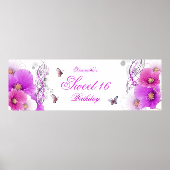 big Banner Birthday Pretty Pink Floral White Poster ...