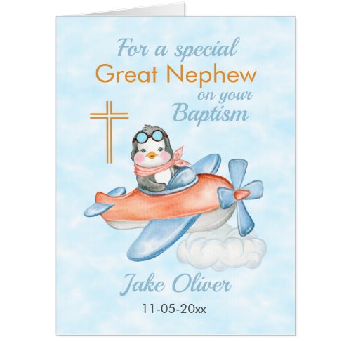 Big Baptism Great Nephew Penguin Airplane  Card