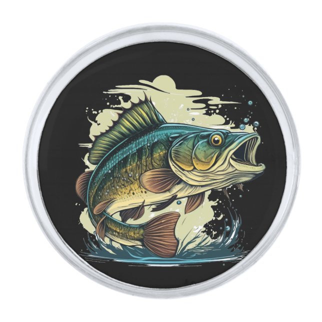 big-bass-fish-vector-cartoon-tshirt-big-bass-fish- silver finish lapel pin (Front)