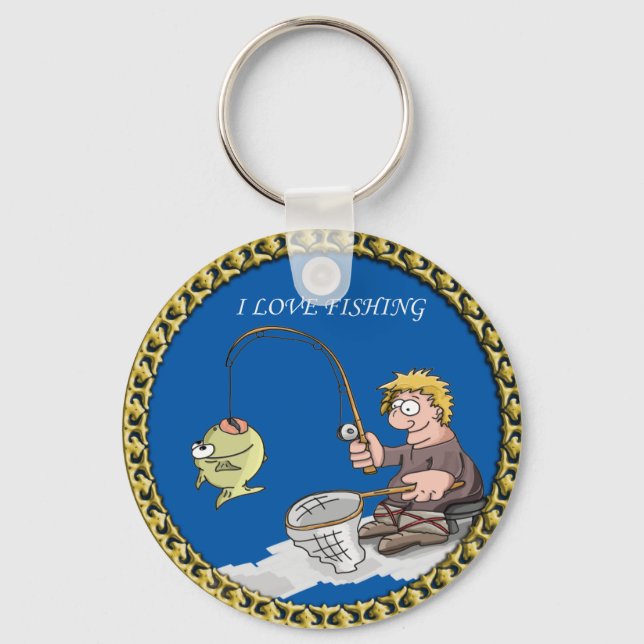 Big bass fisherman fishing on the ice keychain (Front)