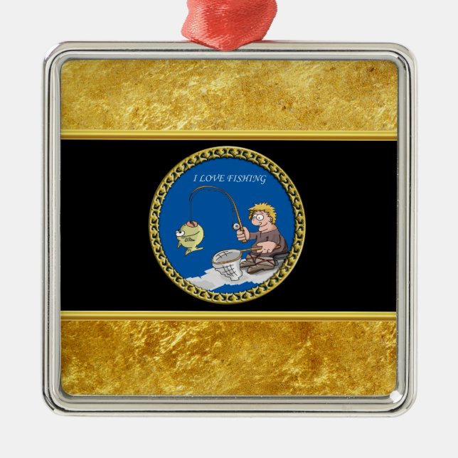 Big bass fisherman fishing on the ice metal ornament (Front)