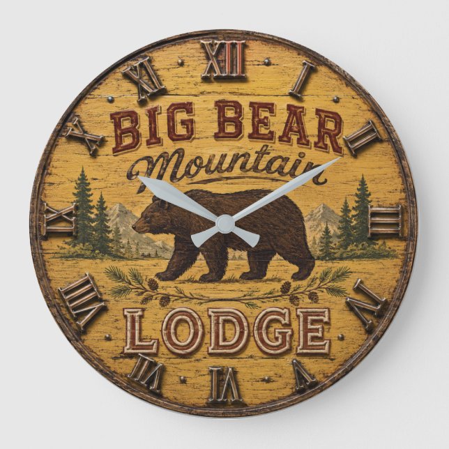 Big Bear Mountain Lodge Rustic Large Clock (Front)
