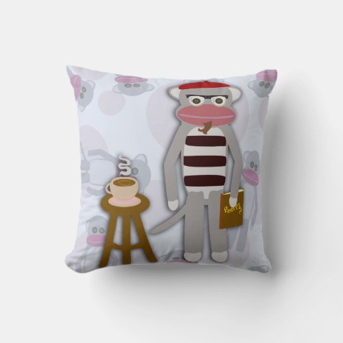 Big Beatnik Sock Monkey Fun Cartoon Design Throw Pillow