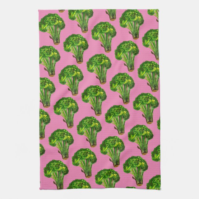 Big beautiful broccoli eat your veggies pink kitchen towel (Vertical)
