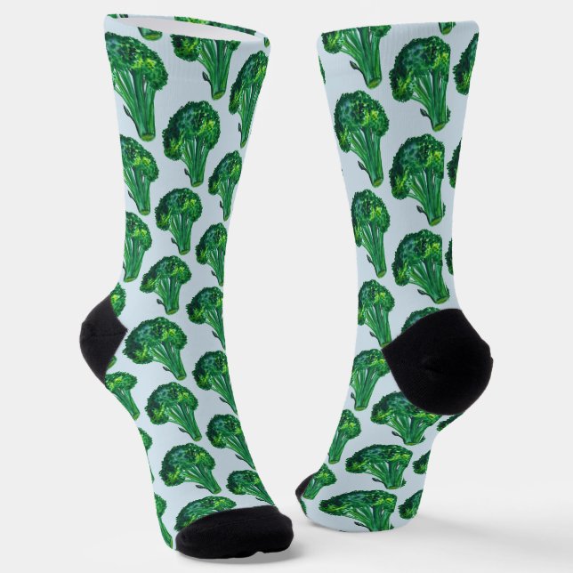 Big Beautiful Broccoli Watercolor Light Blue Socks (Angled)