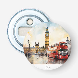 Big Ben and red bus in London Bottle Opener